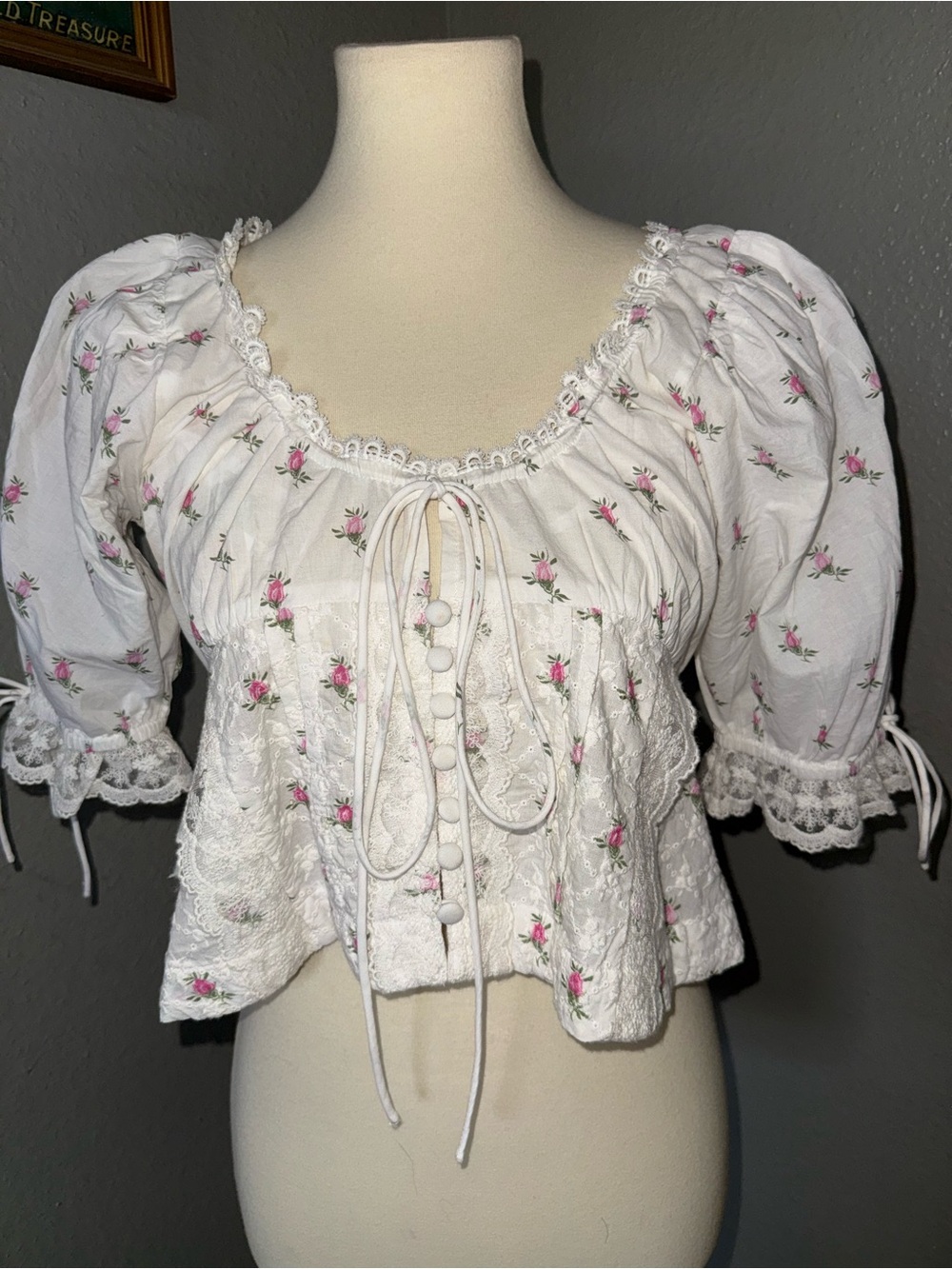 For Love & Lemons White Floral Crop Top with Pink Rose Print